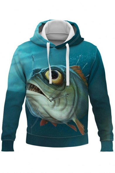 Popular Mens Hoodie 3D Fish Print Long Sleeves Slim Fit Hooded Drawstring Hoodie