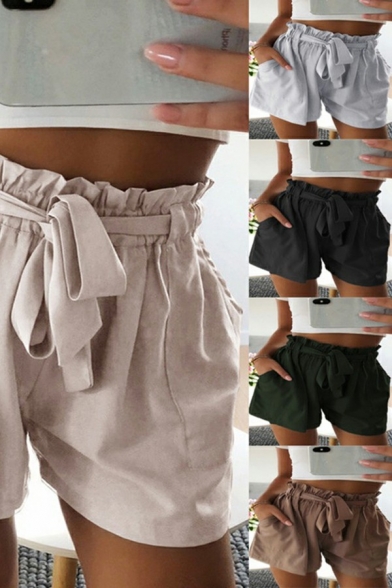 Popular Women Shorts Solid Color Pockets Mid Rise Drawstring Elastic Waist Shorts