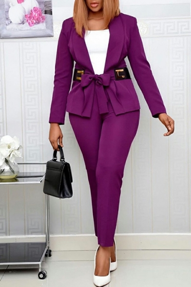 Simple Women Suit Co-ords Solid Color Belt Designed Shawl Collar Blazer with Pants Set