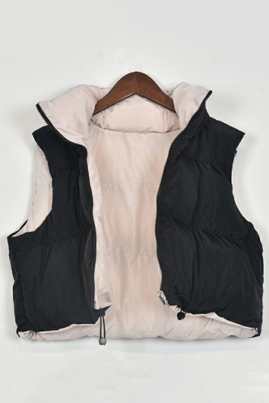 Simple Womens Vest Plain Stand Collar Zip Fly Control-Waist Cropped Padded Vest