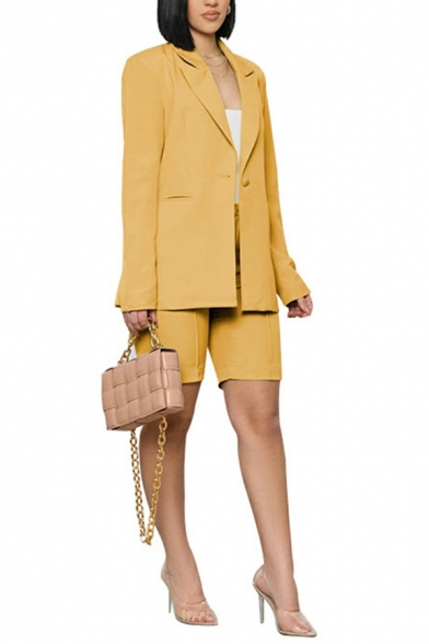 Vintage Women's Suit Co-ords Plain Regular Long-sleeved Lapel Blazer with Shorts Set