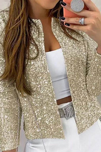 Casual Girls Jacket Pure Color Long-sleeved Open Front Sequined Jacket