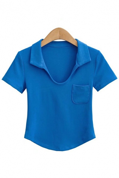 Chic Women's Polo Shirt Plain Asymmetric Pocket Scoop Neck Short Sleeve Slim Polo Shirt