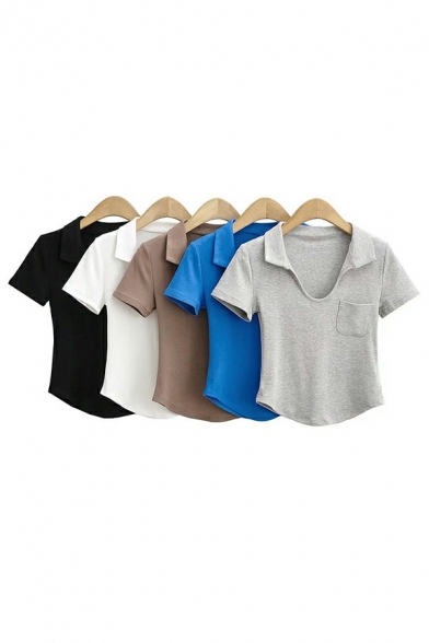 Chic Women's Polo Shirt Plain Asymmetric Pocket Scoop Neck Short Sleeve Slim Polo Shirt