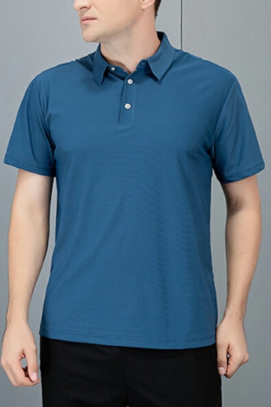 Classic Men Polo Shirt Solid Color Button Detail Turn-down Collar Short Sleeve Polo Shirt