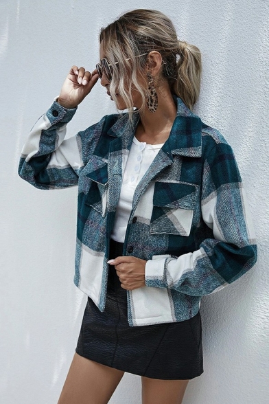 Fascinating Women Casual Jacket Plaid Print Spread Collar Long Sleeve Pocket Jacket