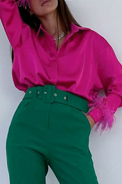 Girls Pop Shirt Solid Color Turn-down Collar Tassel Design Long Sleeve Button Fly Shirt