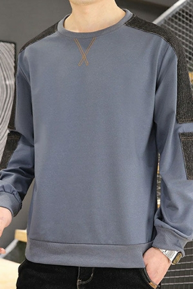 Guys Boyish Sweatshirt Contrast Color Long Sleeve Fitted Round Neck Pullover Sweatshirt