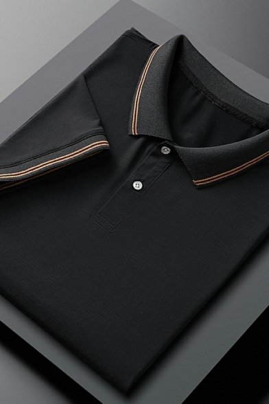 Hot Guys Polo Shirt Stripe Pattern Turn-down Collar Short Sleeve Button Placket Polo Shirt