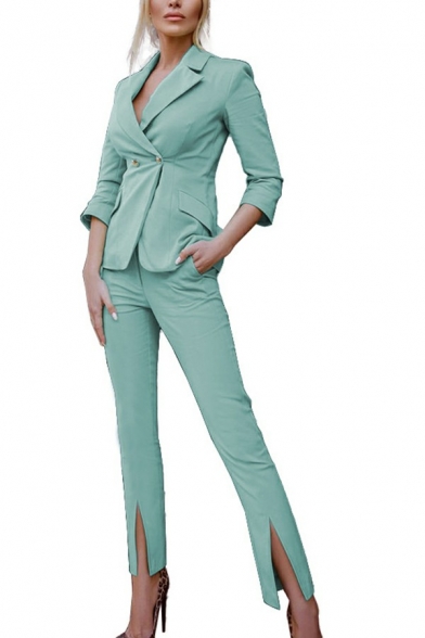 Popular Women's Suit Co-ords Plain Notched Lapel Blazer with Split Hem Pants Set