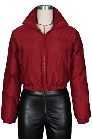 Soft Jacket Solid Zip Placket Stand Collar Padded Cropped Coat for Ladies