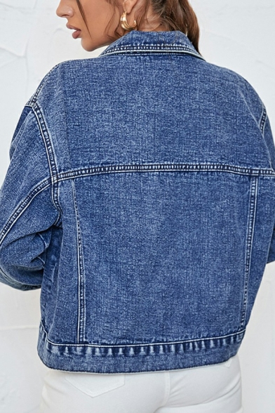 Stylish Jacket Plain Spread Collar Button Fly Front Pocket Denim Jacket for Women