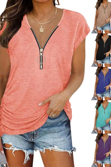Stylish Ladies T-Shirt Whole Colored V-Neck Zip Designed Cap Sleeve Regular T-Shirt