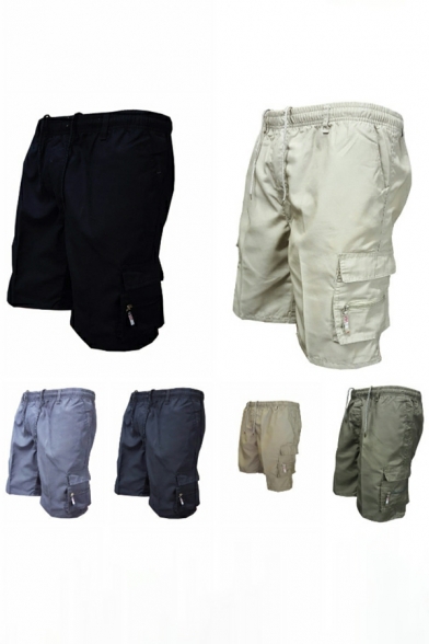 Trendy Guy's Shorts Pure Color Flap Pocket Mid Rise Regular Drawstring Waist Shorts