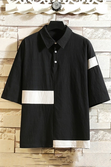 Urban Polo Shirt Color Block Half Sleeves Spread Collar Loose Polo Shirt for Men