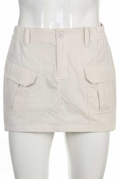 Women Cool Skirt Pure Color Flap Pocket Zip Closure Mini Skirt