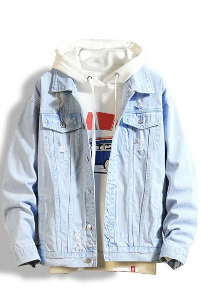 Fashion Guys Jacket Pure Color Fitted Pocket Spread Collar Long Sleeve Button Denim Jacket