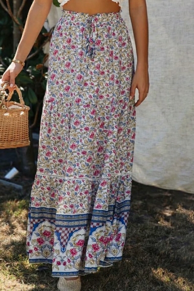 Fashion Skirt Tribal Print Maxi A-Line Shirred Drawcord Skirt for Ladies