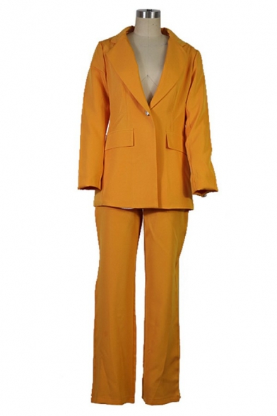 Fashionable Women's Suit Co-ords Plain Lapel Collar Single Button Blazer with Pants Set