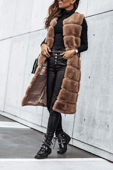 Fashionable Women Vest Pure Color Faux Fur Sleeveless Open Front Midi Gilet