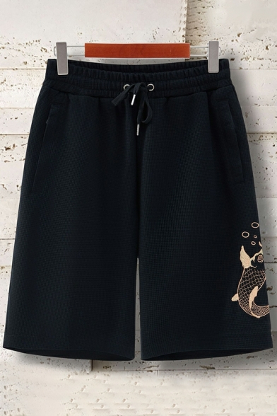 Guy's Trendy Shorts Embroidery Fish Pattern Drawstring Waist Regular Fit Pocket Shorts