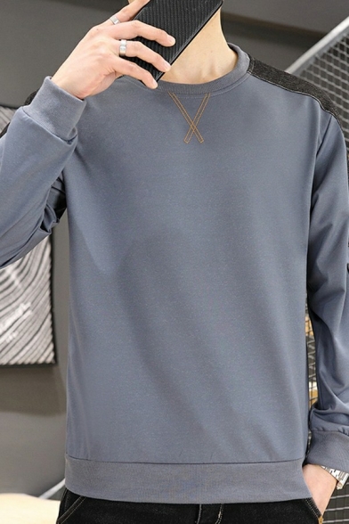 Guys Boyish Sweatshirt Contrast Color Long Sleeve Fitted Round Neck Pullover Sweatshirt
