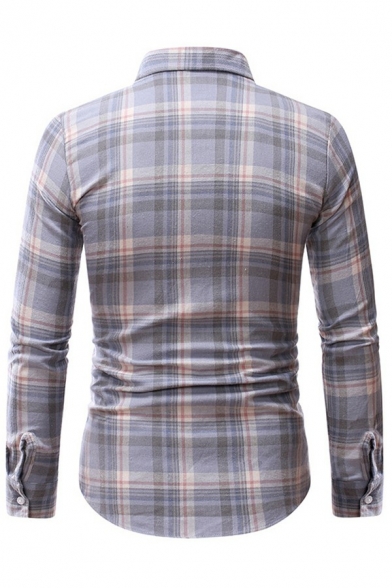 Guys Street Look Shirt Plaid Printed Long Sleeve Point Collar Slimming Curved Hem Shirt