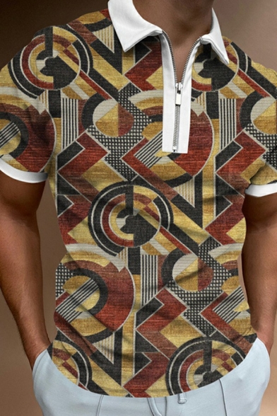 Men Chic Polo Shirt 3D Printed Turn-down Collar Zipper Detail Short Sleeves Polo Shirt