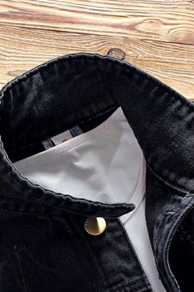 Men Street Look Denim Jacket Solid Color Turn-down Collar Button Closure Denim Jacket