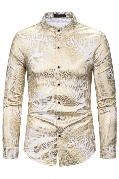 Men Street Style Shirt Snake Pattern Stand Collar Long Sleeves Slim Button Placket Shirt