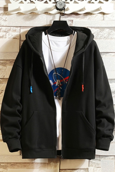 Modern Guys Jacket Solid Color Long Sleeve Drawstring Hooded Relaxed Zip Closure Jacket