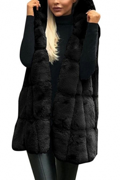 Modern Ladies Vest Whole Colored Open Front Hooded Tunic Faux Fur Vest
