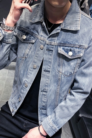 Popular Men Jacket Plain Spread Collar Chest Pocket Long Sleeve Button down Denim Jacket