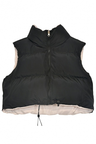 Simple Womens Vest Plain Stand Collar Zip Fly Control-Waist Cropped Padded Vest