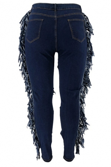 Stylish Ladies Jeans Plain Fringe Hollow Out Midwash Blue High Waist Skinny Jeans