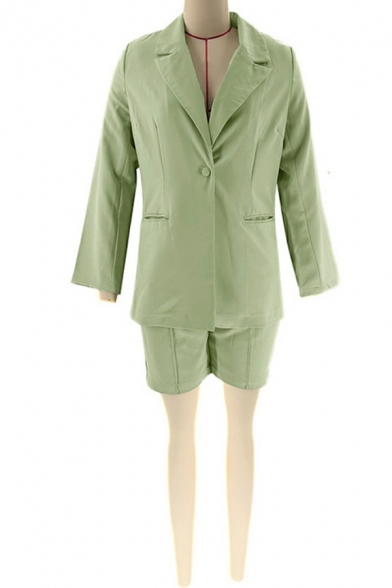 Vintage Women's Suit Co-ords Plain Regular Long-sleeved Lapel Blazer with Shorts Set