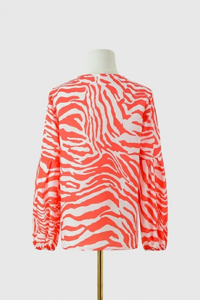 Basic Women's T-Shirt Zebra Pattern Drawstring Long-sleeved V Neck Regular Fitted Tee Top