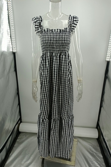 Elegant Women Dress Plaid Print Cap Sleeve Square Collar Sashes Maxi A-Line Dress