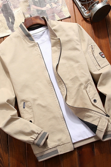 Fancy Men Coat Contrast Line Pocket Stand Collar Regular Zip Closure Baseball Coat