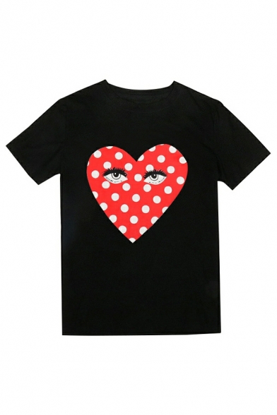 Fashionable Ladies Tee Shirt Heart Print Short Sleeve Crew Collar Relaxed Tee Top