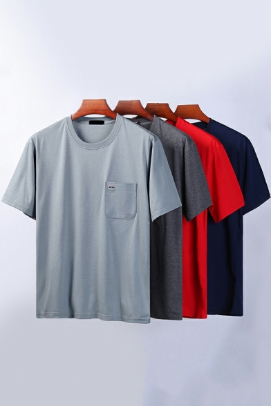 Guy's Cool T-Shirt Pure Color Round Neck Short Sleeve Chest Pocket Regular Tee Shirt Top