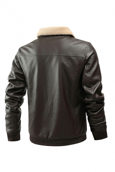 Men Boyish Leather Jacket Plain Brushed Spread Collar Leather Jacket