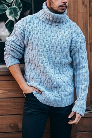 Men Chic Sweater Cable Knit Patterned High Collar Ribbed Trim Sweater