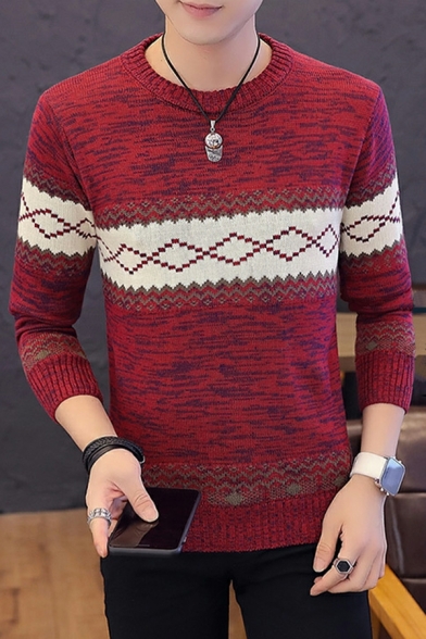 Men Dashing Sweater Argyle Print Round Neck Ribbed Trim Sweater