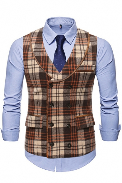 Men Urban Suit Vest Checked Pattern Lapel Collar Double Breasted Suit Vest