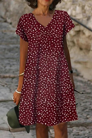 Modern Dress Polka Dots Pattern V Neck Short Sleeve Sashes Mini A-Line Dress for Girls
