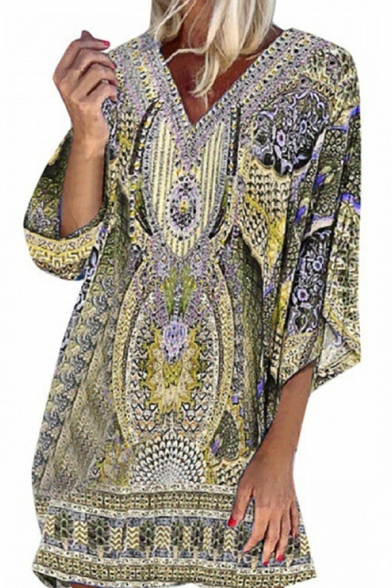 Popular Women's Dress Bohemia Pattern Mini V Neck 3/4 Length Sleeve A-Line Dress