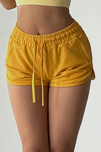 Popular Women's Shorts Pure Color Drawstring Waist Mid Rise Split Side Workout Shorts