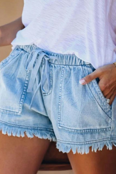 Stylish Women's Shorts Pure Color Big Pocket Drawstring High Waist Cut Out Shorts
