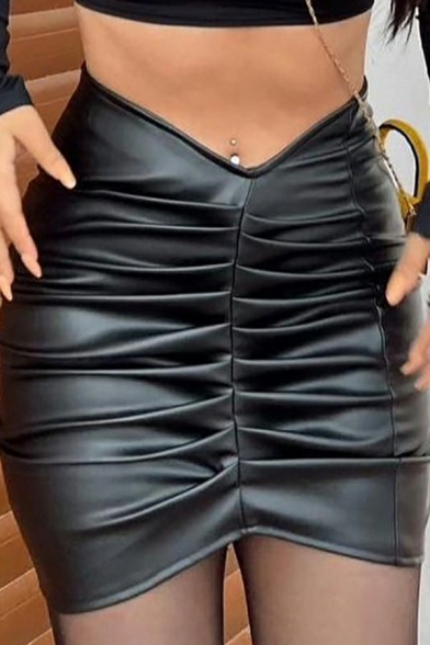 Boyish Ladies Skirt Pure Color Ruched Irregular High Waist Mini Length Leather Skirt